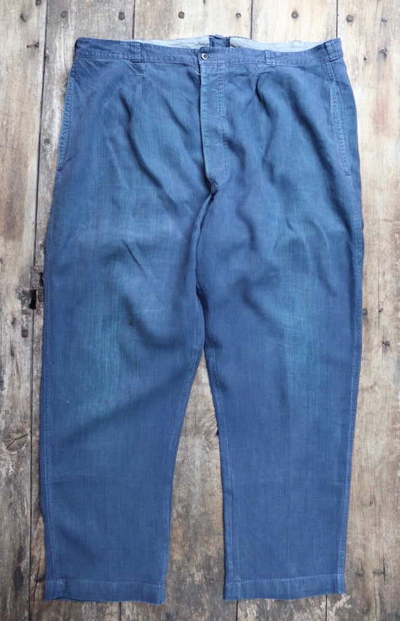 Vintage 1930s 30s 1940s 40s French indigo linen maquignon trousers pants work workwear chore repaired darned 45” x 32”