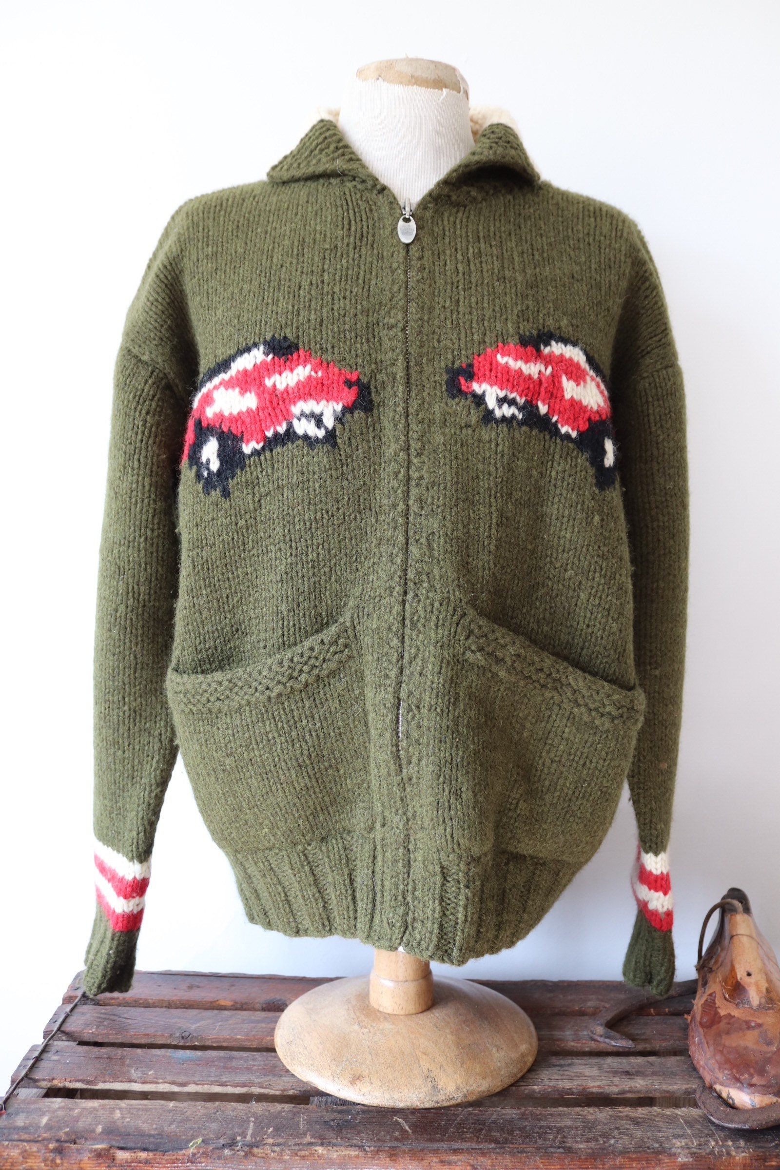 Vintage forest green white red handknitted knitted wool cowichan ...