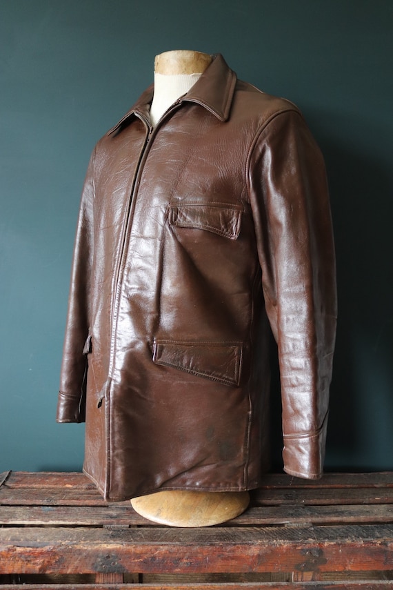 Vintage 1950s 50s Gertz brown horsehide pony hide leather car coat jacket Talon sports 42” chest half belt