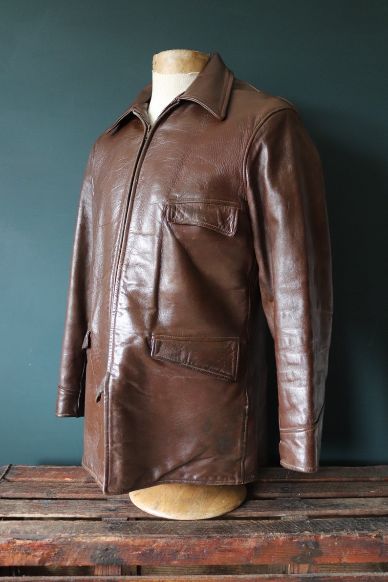 Vintage 1950s 50s Gertz brown horsehide pony hide leather car coat jacket Talon sports 42 chest half belt image 1