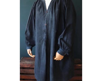 Antique French Handmade Indigo Blue Linen Biaude Smock One Size