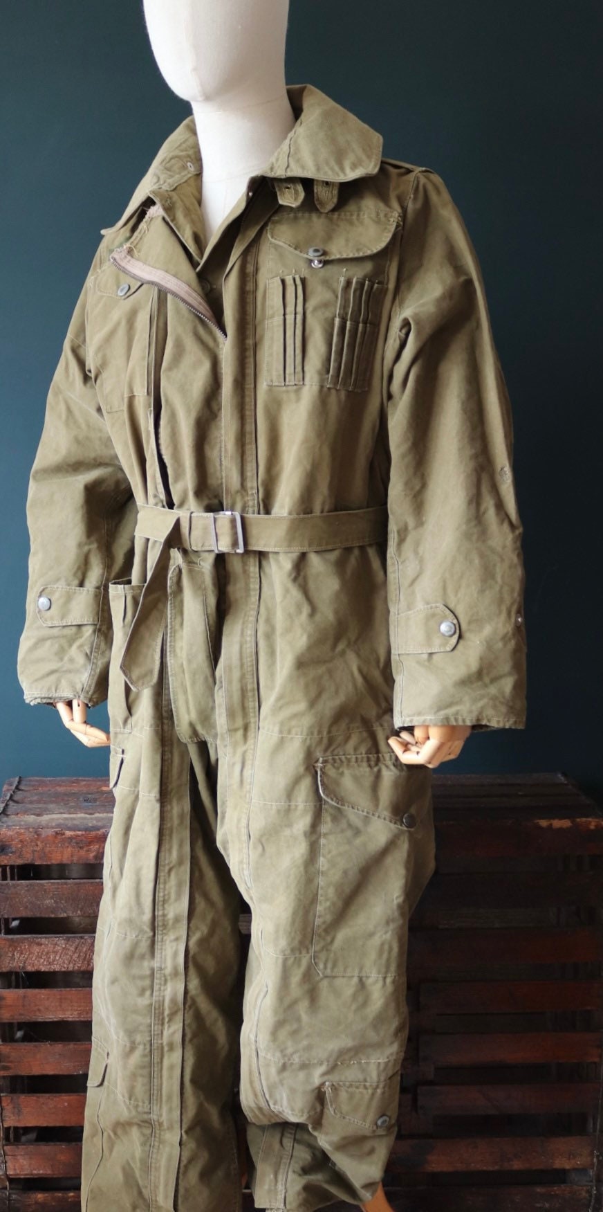 Vintage 1950s 50s Belgian army khaki green tank crew suit