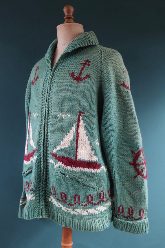 Vintage 1960s 60s hand knitted novelty sailing boat thick wool cowichan sweater cardigan jumper knit Lightning zipper shawl collar 49” chest