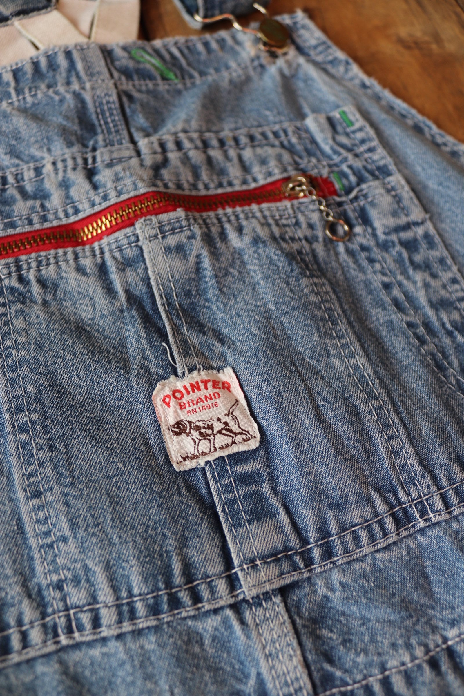 Vintage 1980s 80s Pointer denim overalls dungarees bib brace workwear low  back work chore 41” x 29” advertising straps