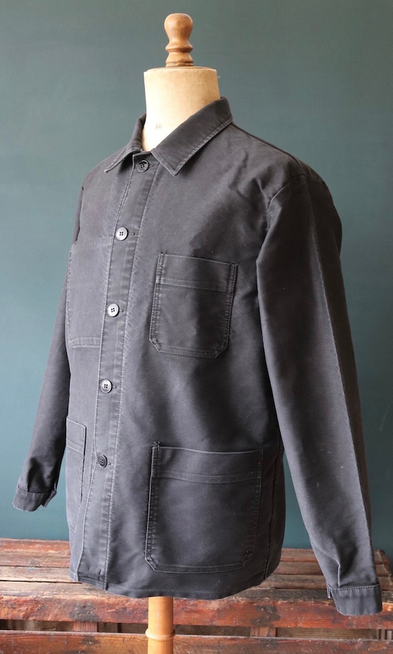 Vintage 1950s 50s 1960s 60s French black moleskin work jacket chore workwear darned repaired 48” chest