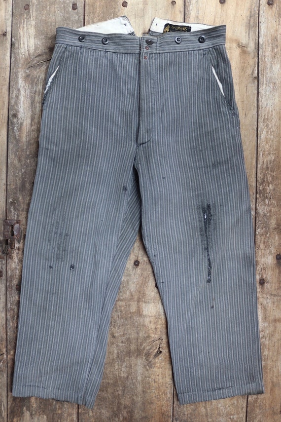 Vintage 1950s 50s French grey cotton striped work trousers pants buckle back v notch workwear chore 32” x 24” hand repaired darned