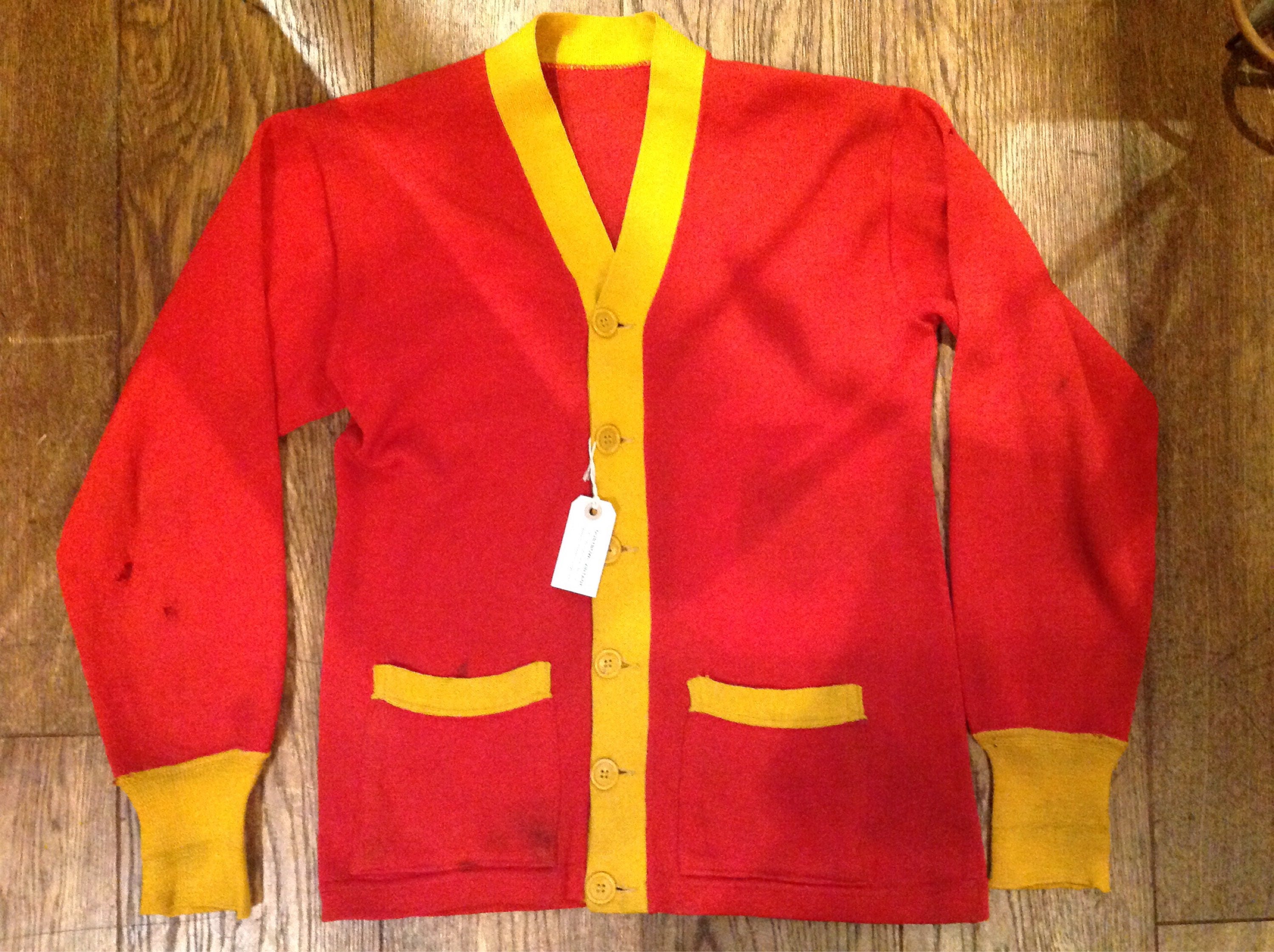 Vintage 1940s 40s 1950s 50s red gold yellow varsity USMC cardigan sweater Ivy League style 38 chest