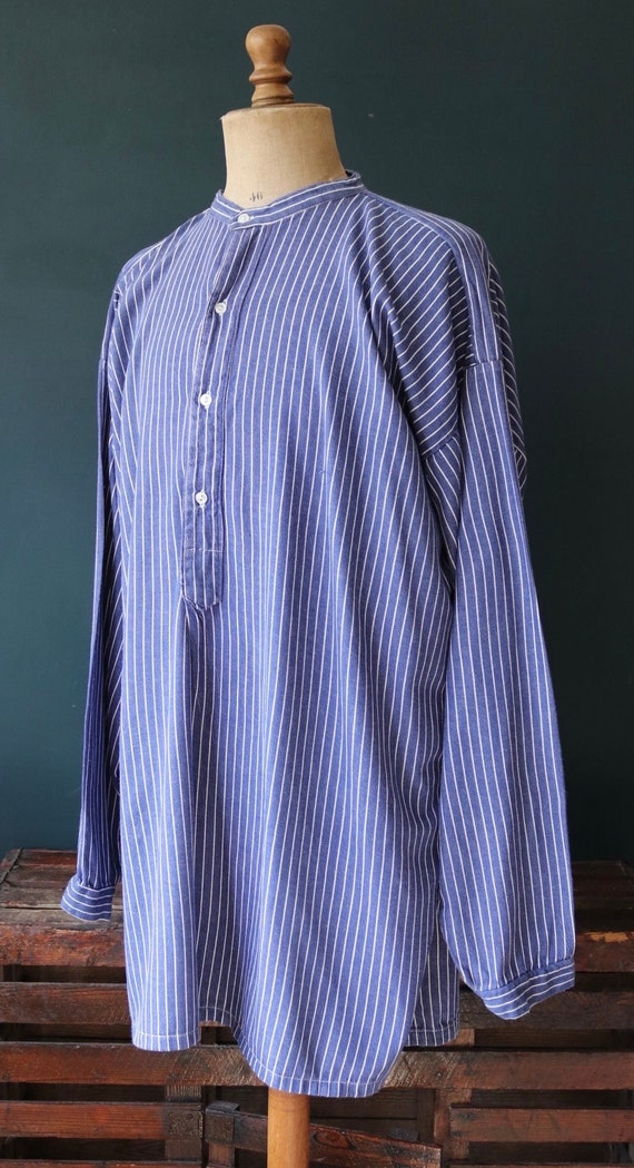 Vintage European cotton blue white striped work collarless grandad shirt pop over smock Breton fisherman 56” chest workwear chore