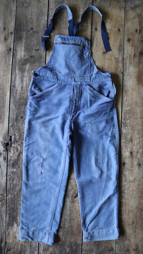 Vintage 1970s 70s French moleskin overalls dungarees sun faded workwear work chore bib brace 34” x 25” bleu de travail