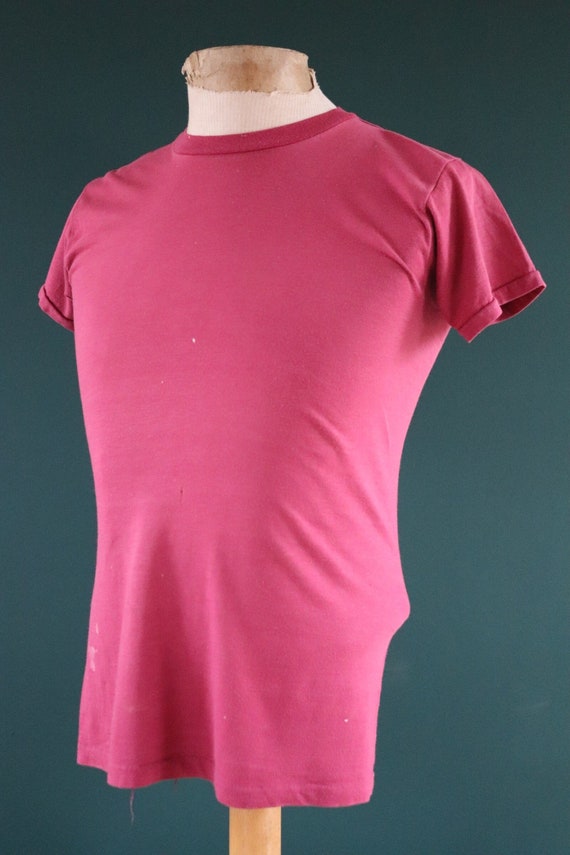 Vintage 1970s 70s 1980s 80s 50/50 plain pink maroon red burgundy t shirt 34” chest