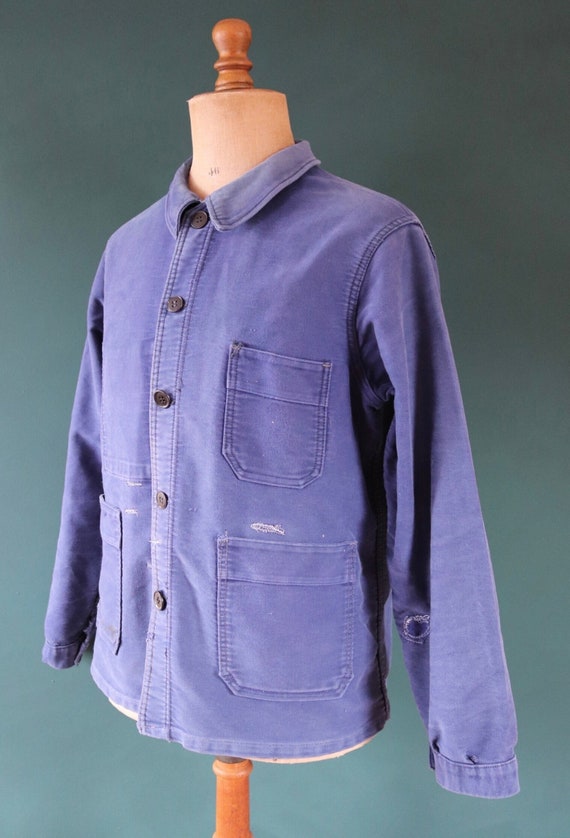Vintage 1950s 50s 1960s 60s French blue moleskin work jacket workwear chore faded 44” chest bleu de travail Le Mont St Michel