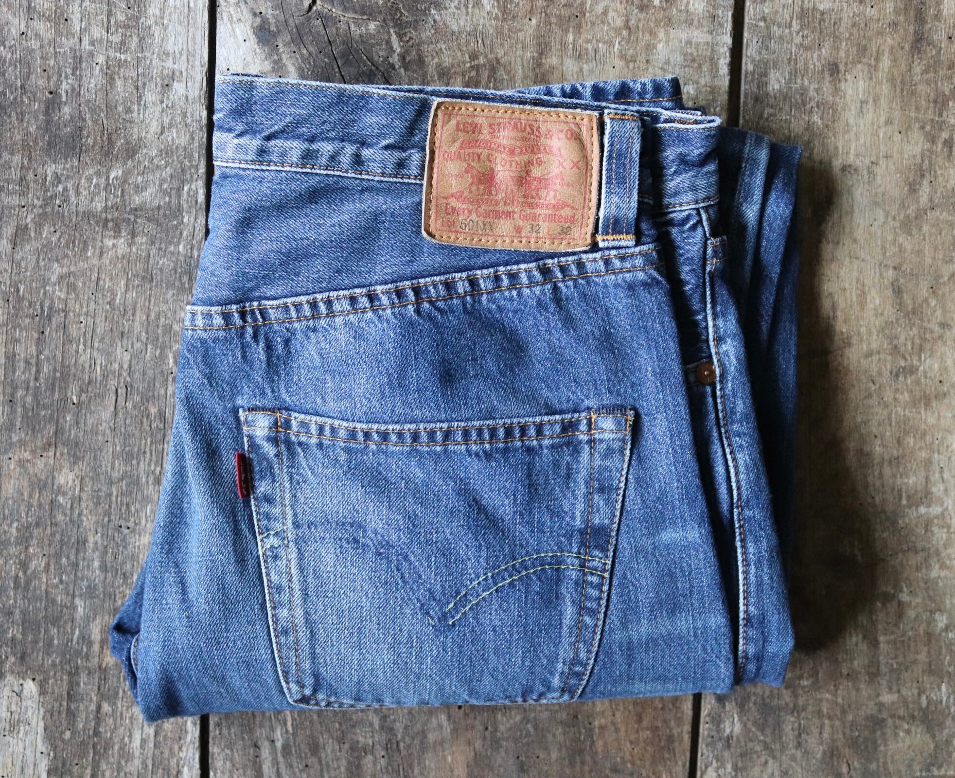 Vintage LVC Levis 501XX 501 big capital e red tab indigo denim jeans red  line selvedge 32” x 33” leather patch honeycomb fade