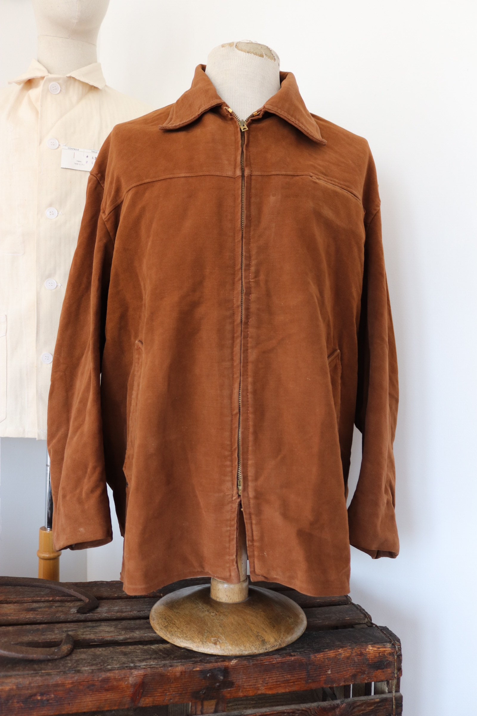 Vintage 1950s 50s french brown moleskin zip up jacket workwear work