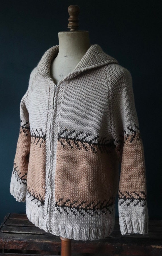 Vintage 1960s 60s hand knitted brown taupe wool cowichan sweater cardigan jumper knit stripe Lightning zipper shawl collar 42” chest