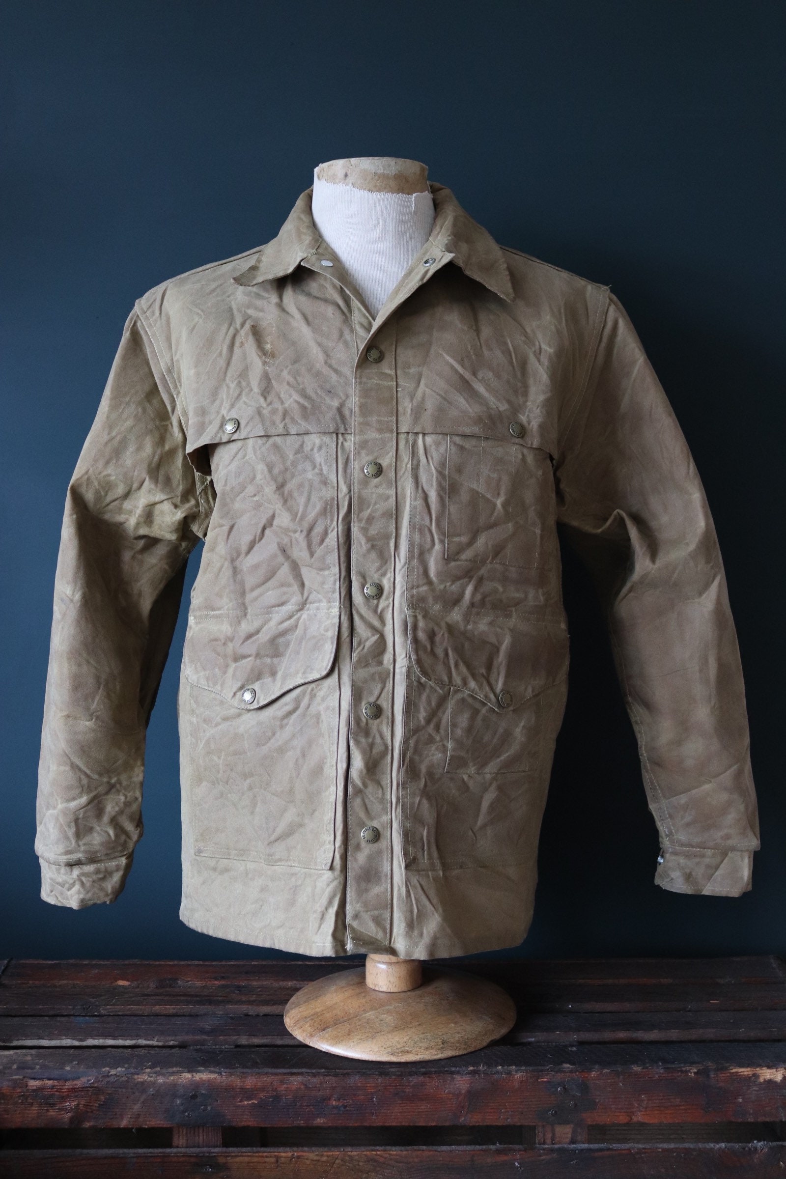 Vintage tan brown CC Filson tin cloth cruiser hunting jacket paraffin ...
