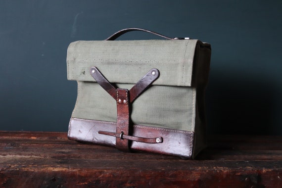 Vintage 1960s 60s Swiss army military ammo ammunition top handle bag iPad case bridle leather canvas