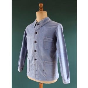 Vintage French Blue Moleskin Workwear Jacket: Faded Chore Coat (40&quot; Chest