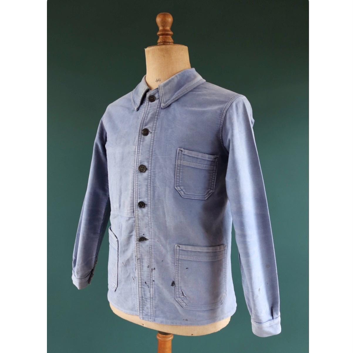 Vintage French Blue Moleskin Workwear Jacket: Faded Chore Coat (40 