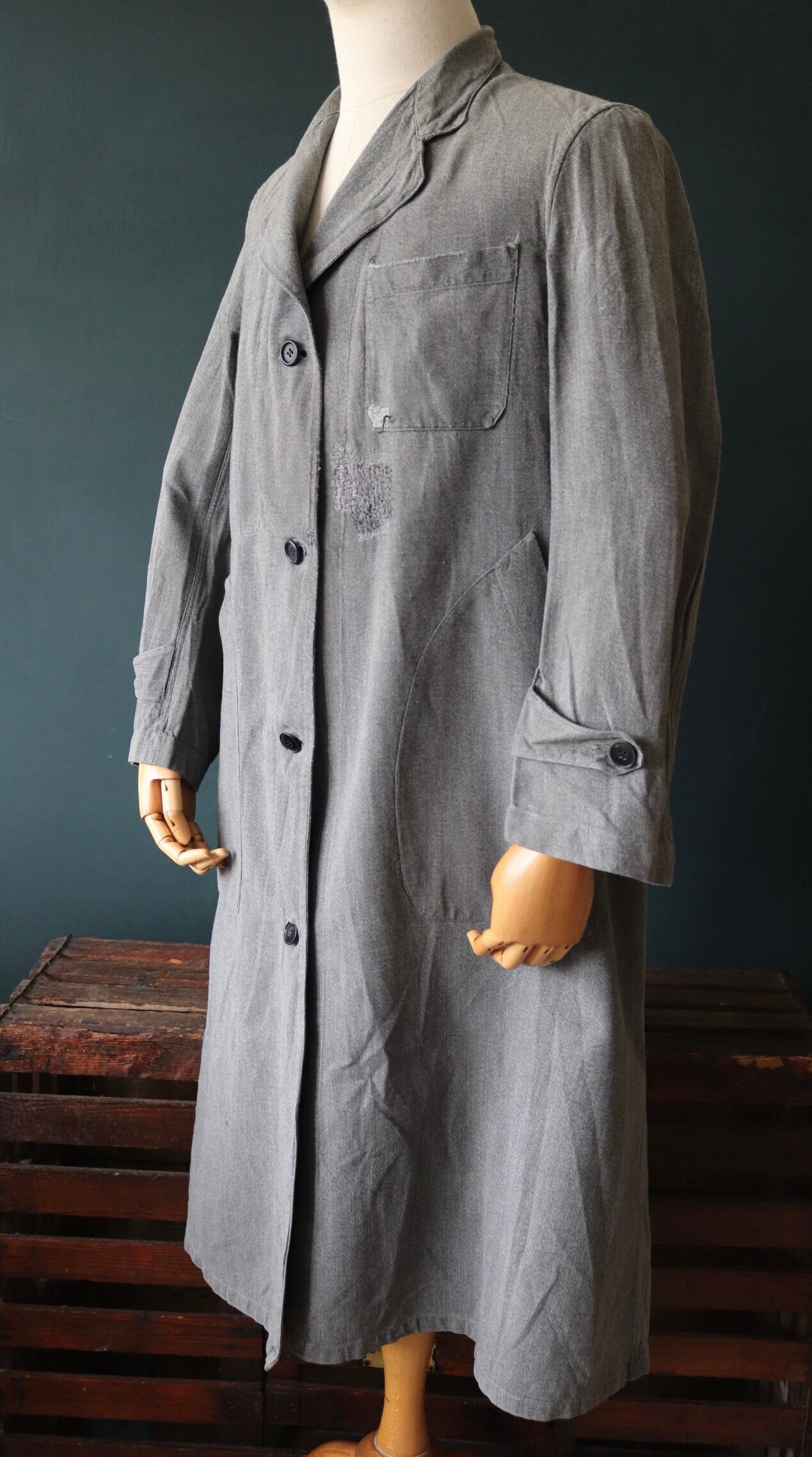 Vintage 1950s 50s French salt pepper grey work coat jacket overall