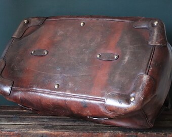 Vintage Antique 1890s 1800s Large Brown Leather Travel Luggage