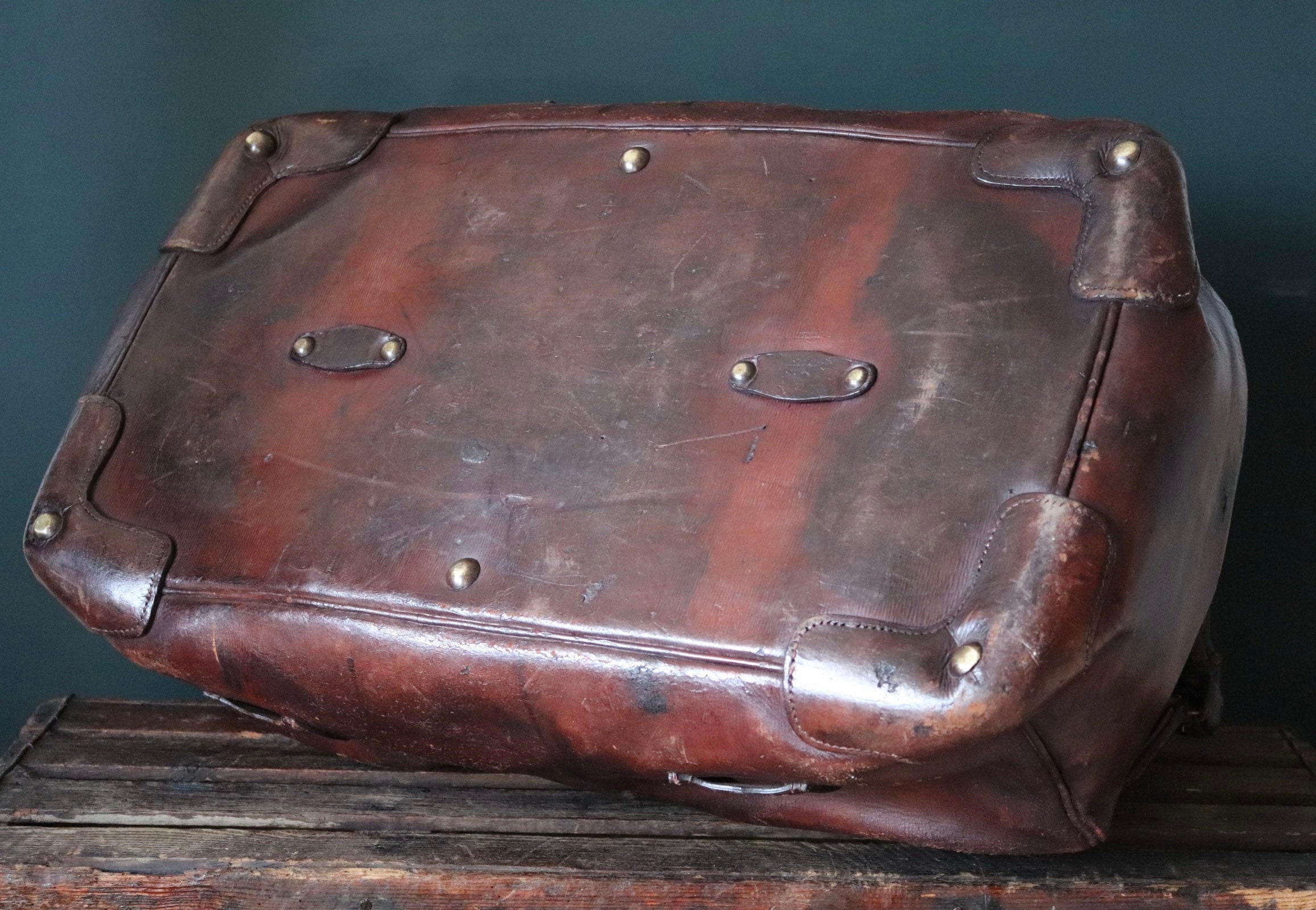 Vintage Antique 1890s 1800s Large Brown Leather Travel Luggage 