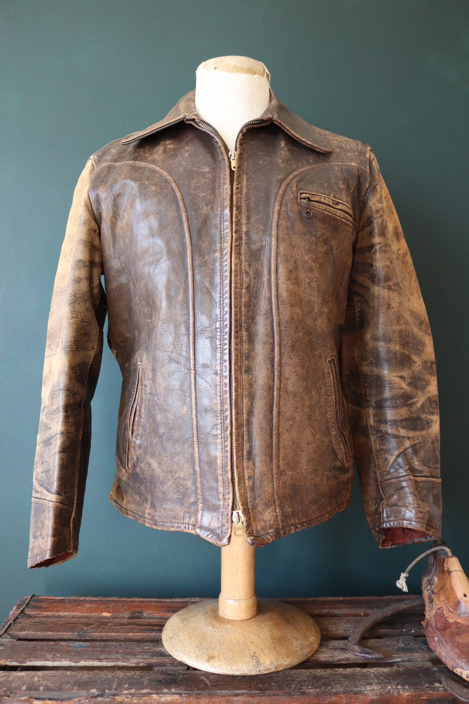 Vintage 1950s 50s german short brown horsehide leather jacket half belt