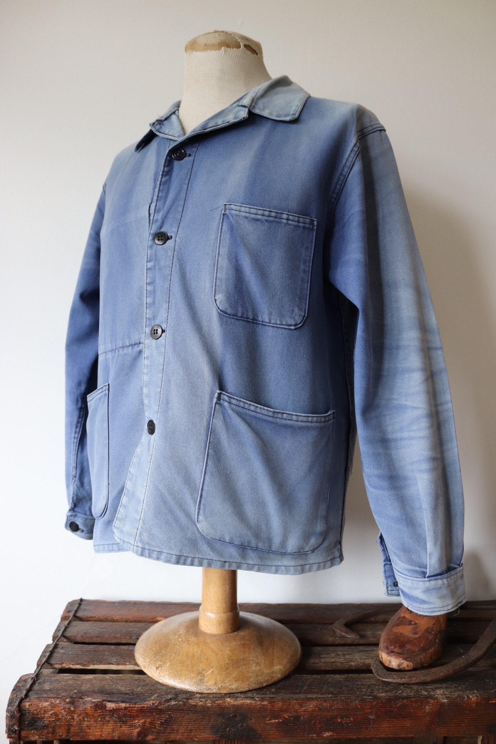 Vintage 1950s 50s french indigo blue cotton twill chore work jacket 45 ...