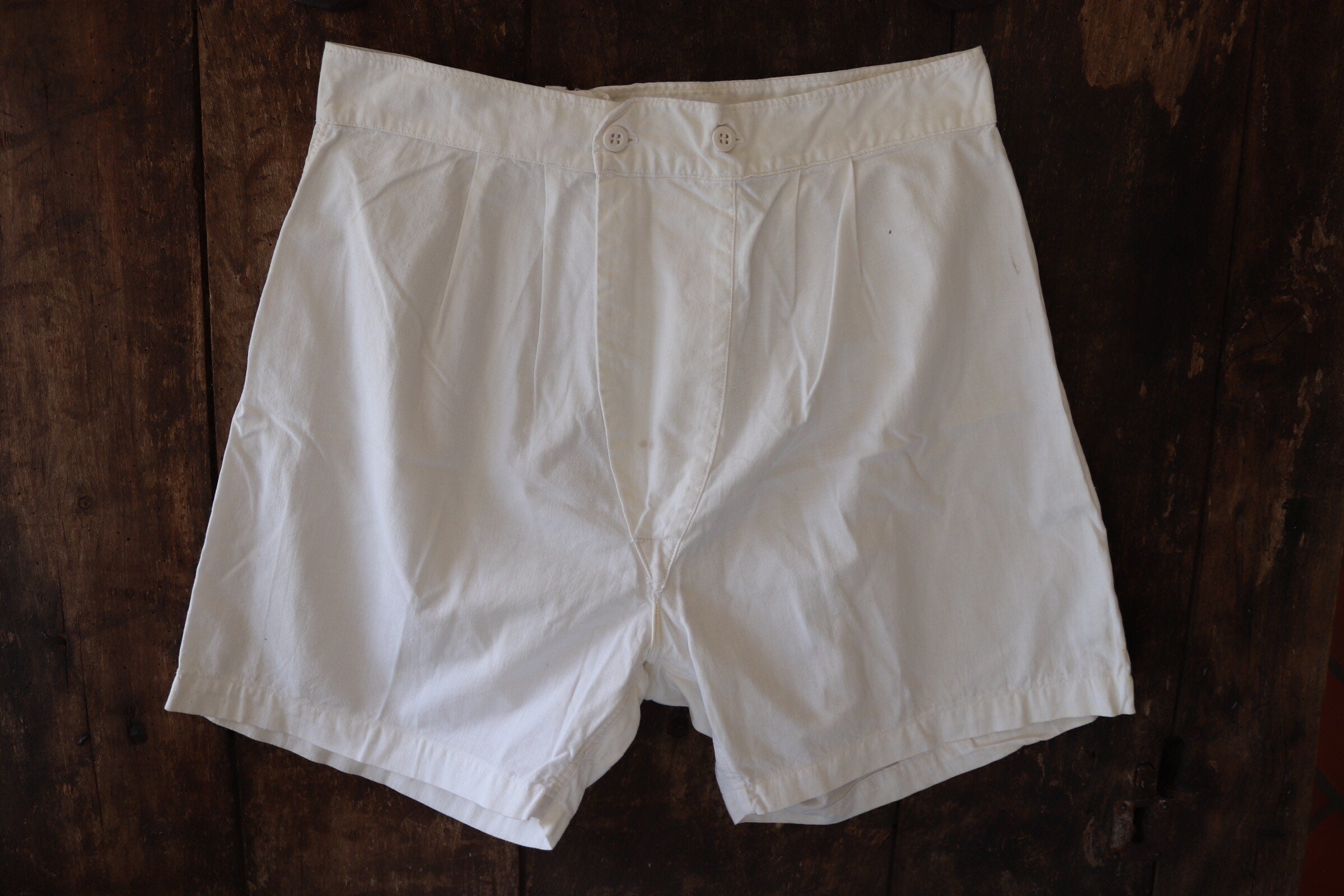 Vintage 1940s 40s 1950s 50s french army military white cotton boxer shorts  underwear pants 30 31 waist (1)