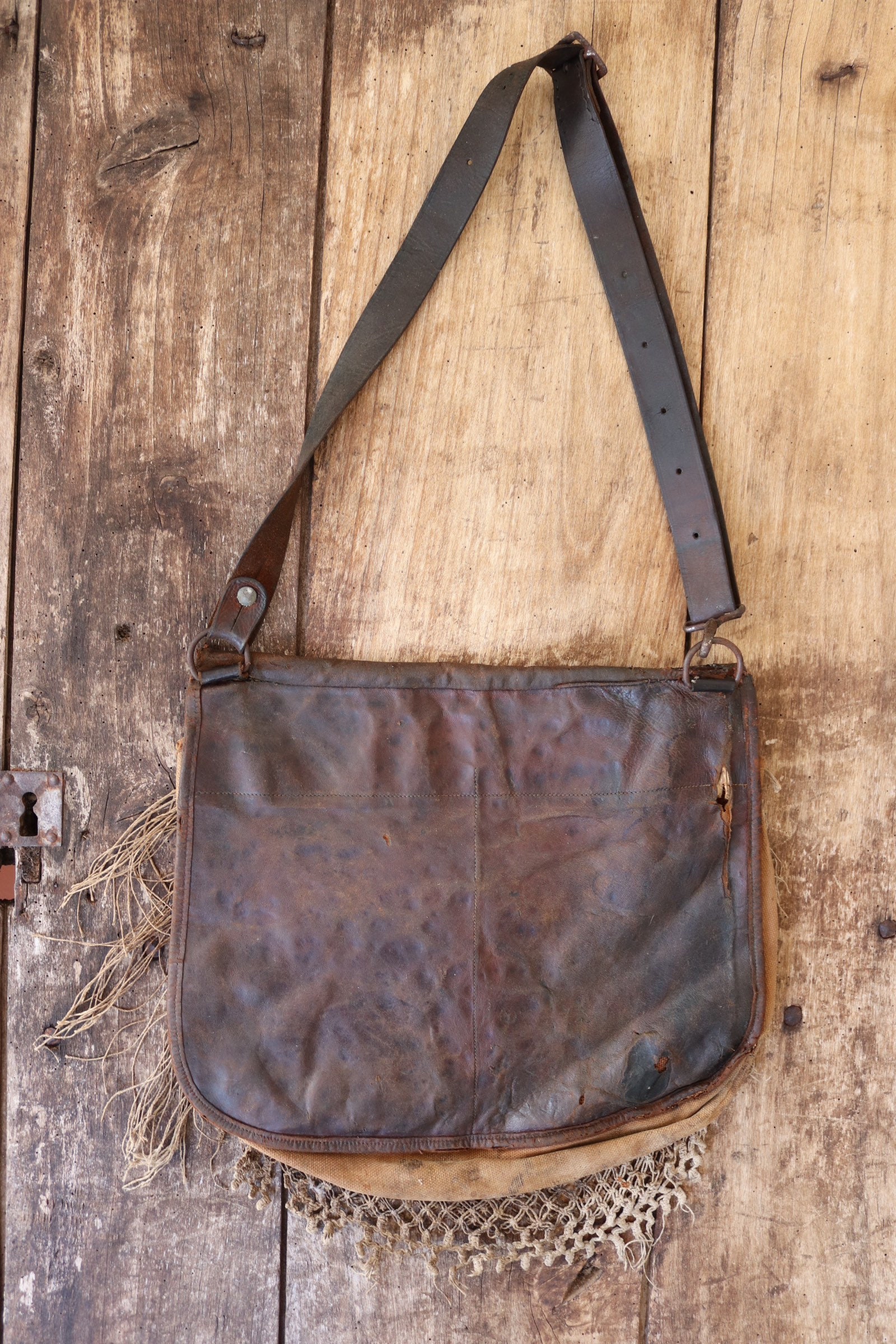 Vintage 1910s 1920s 20s french brown leather canvas shoulder hunting
