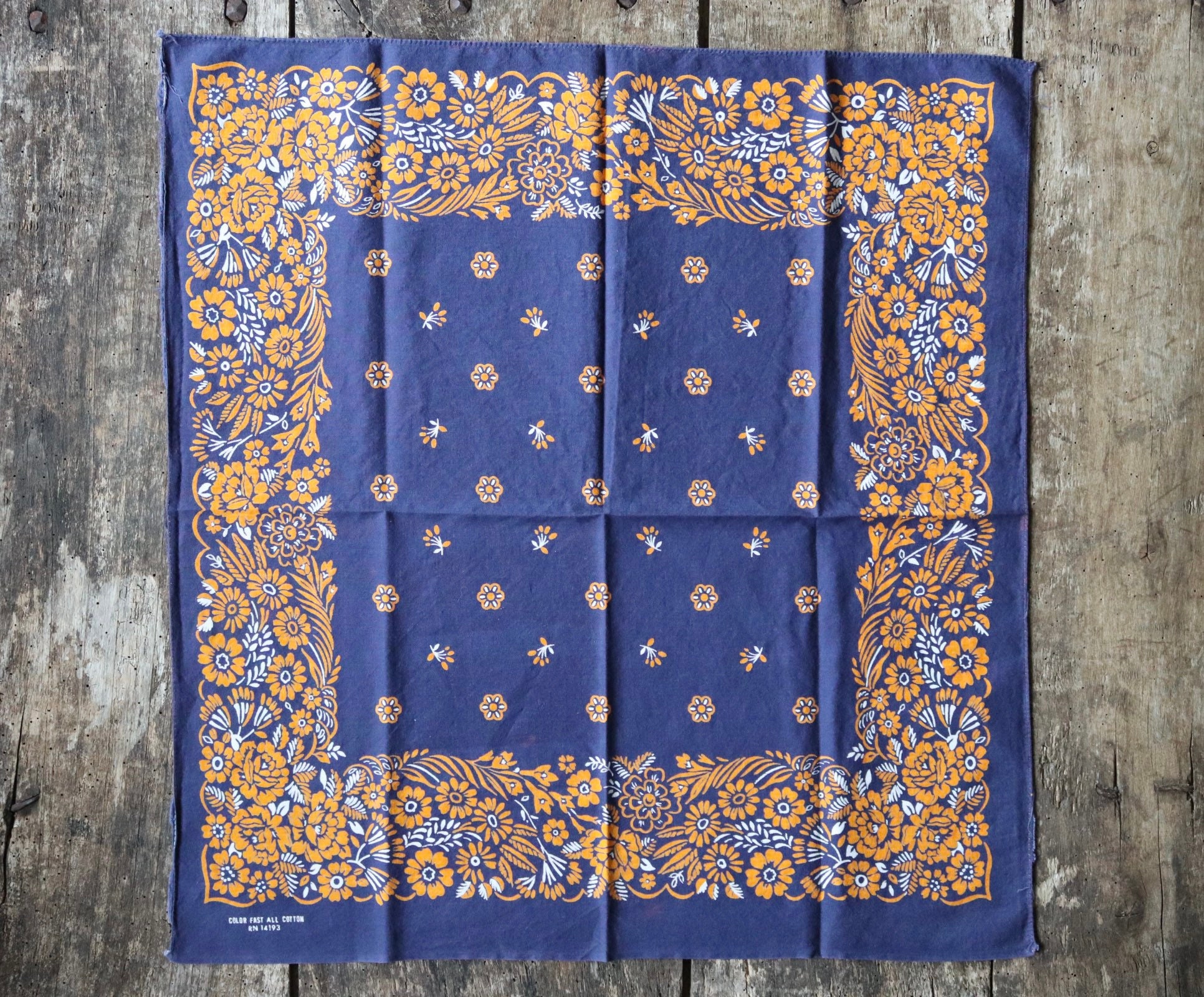 Vintage 1960s 60s indigo blue orange floral cotton bandana