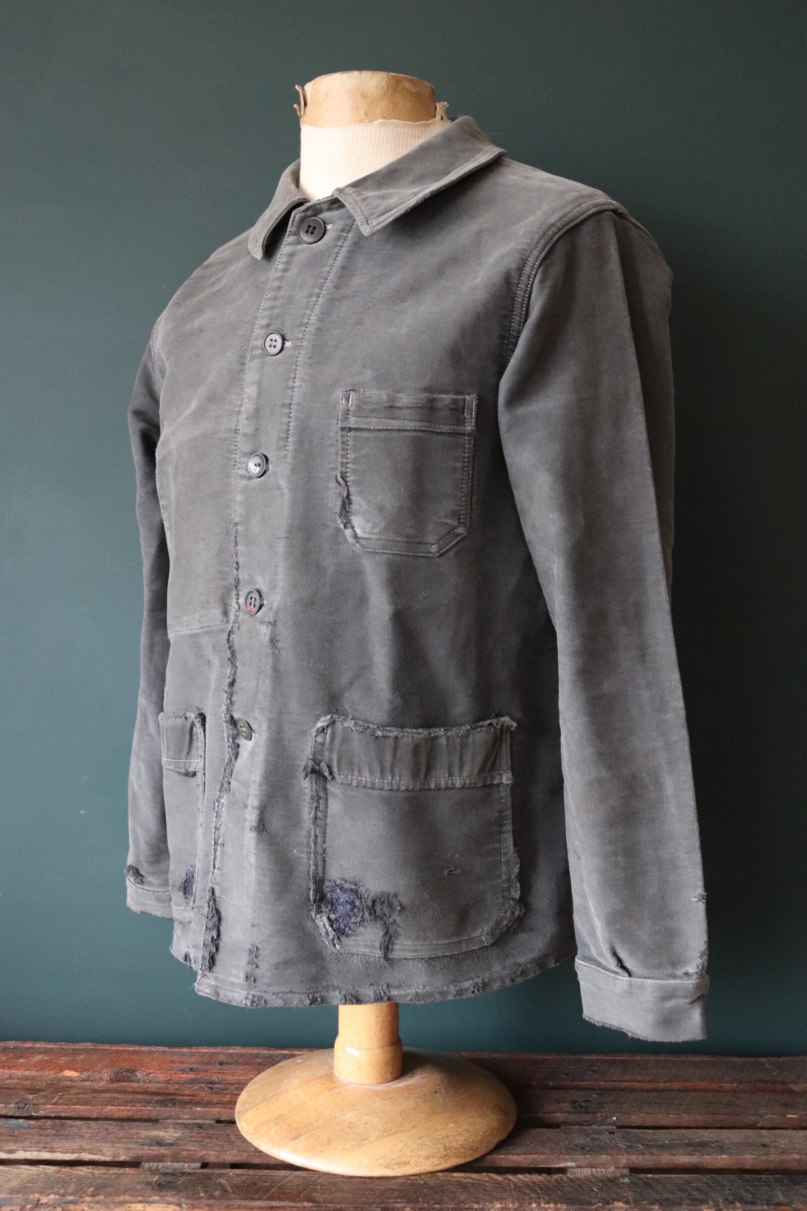 Vintage 1940s 40s 1950s 50s French black grey moleskin work jacket ...