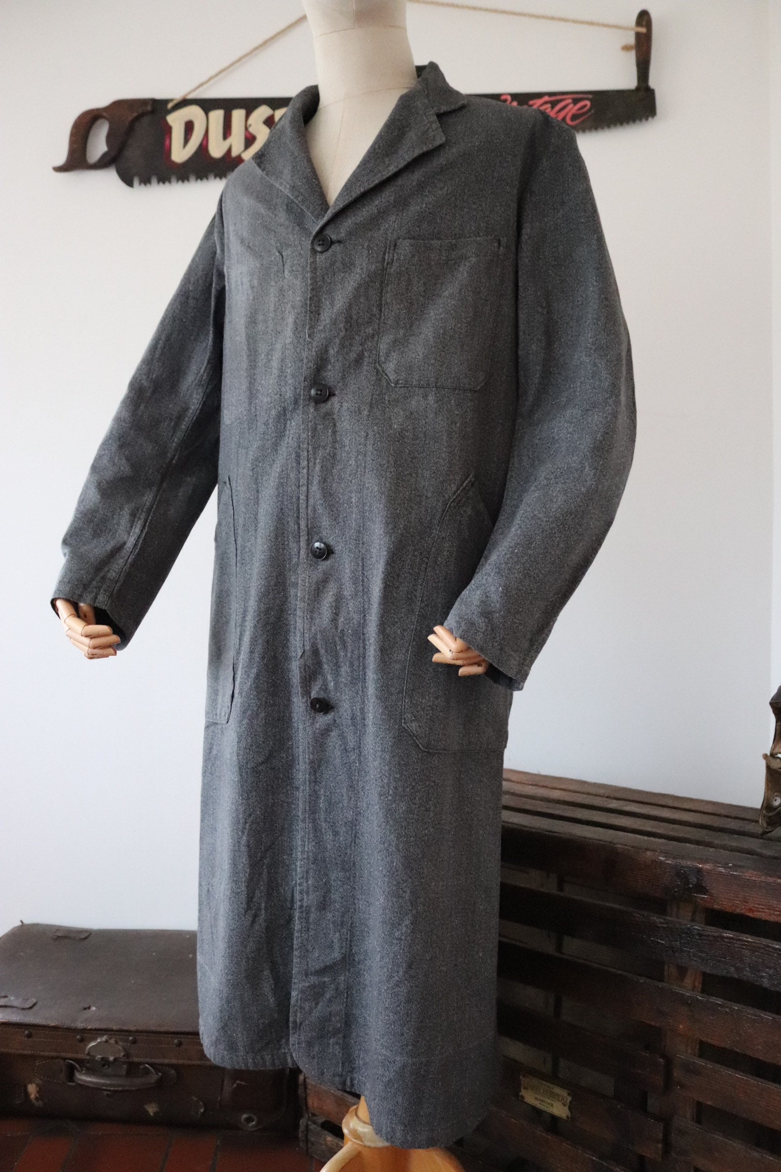 Vintage 1960s 60s french grey salt and pepper long chore work coat ...
