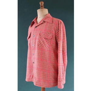Vintage 1960s wool shirt - red burgundy plaid - 49” chest - loop collar