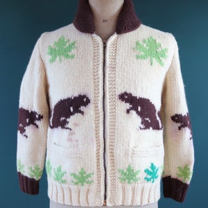 Vintage 1950 50s 1960s 60s knitted wool cowichan sweater cardigan jumper novelty hand made knit beaver shawl collar 42 chest image 4