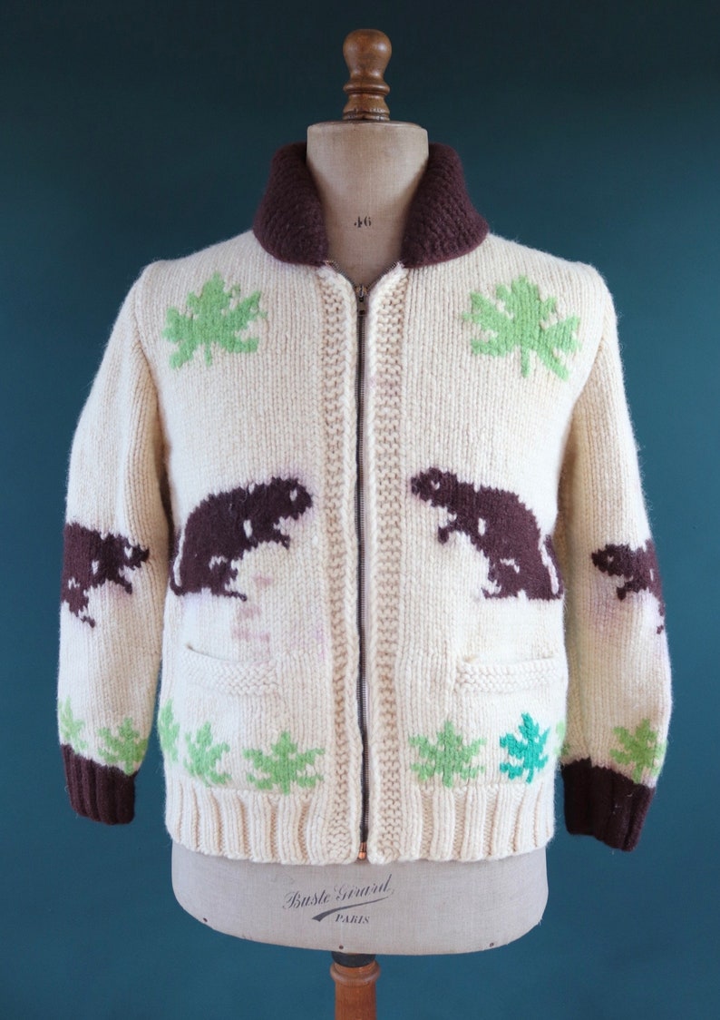 Vintage 1950 50s 1960s 60s knitted wool cowichan sweater cardigan jumper novelty hand made knit beaver shawl collar 42 chest image 4