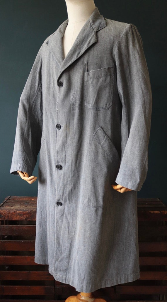 Vintage 1950s 50s French salt pepper grey work coat jacket overall workwear factory machinist shopkeeper 44” chest