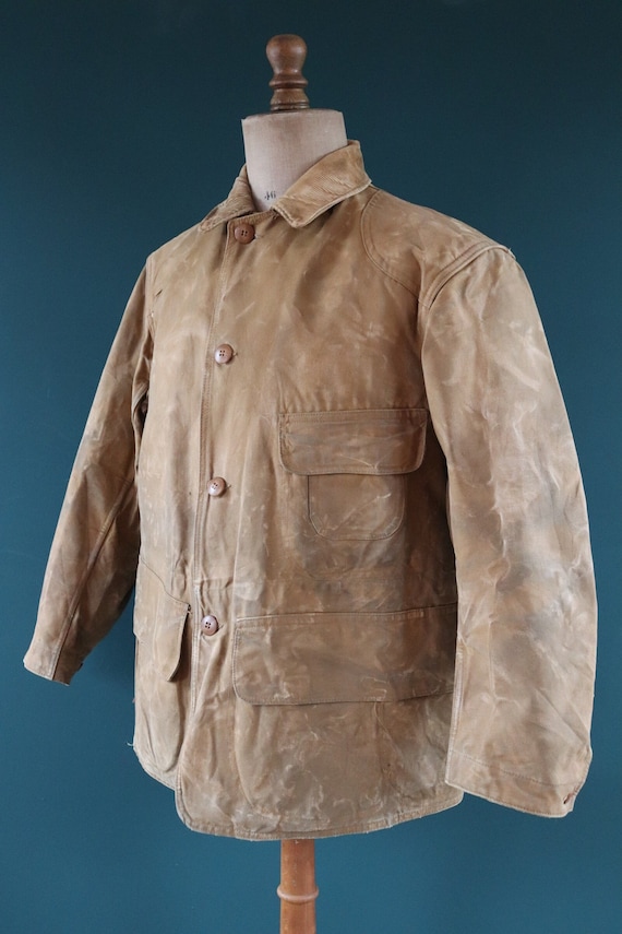 Vintage 1930s 30s tin cloth duck cotton canvas hunting shooting jacket 45” chest Red Head American workwear work chore