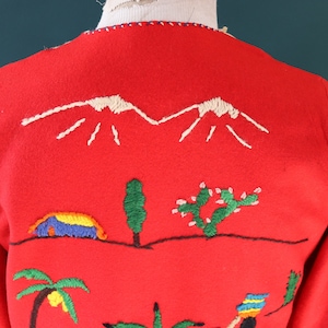 Vintage 1960s 60s red wool felt Mexican souvenir tourist jacket novelty hand embroidered 40 chest zdjęcie 10