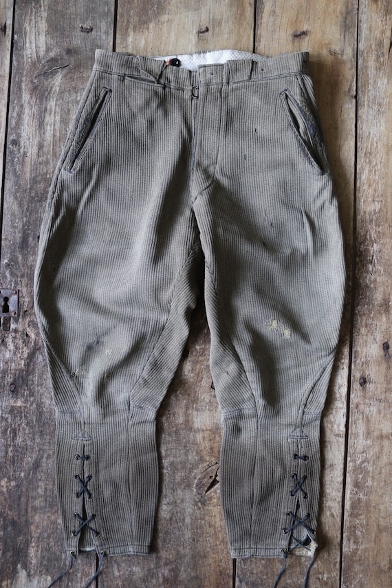Vintage 1950s 50s French brown pique coutil corduroy hunting riding breeches darned repaired 29” x 24.5” jodhpurs