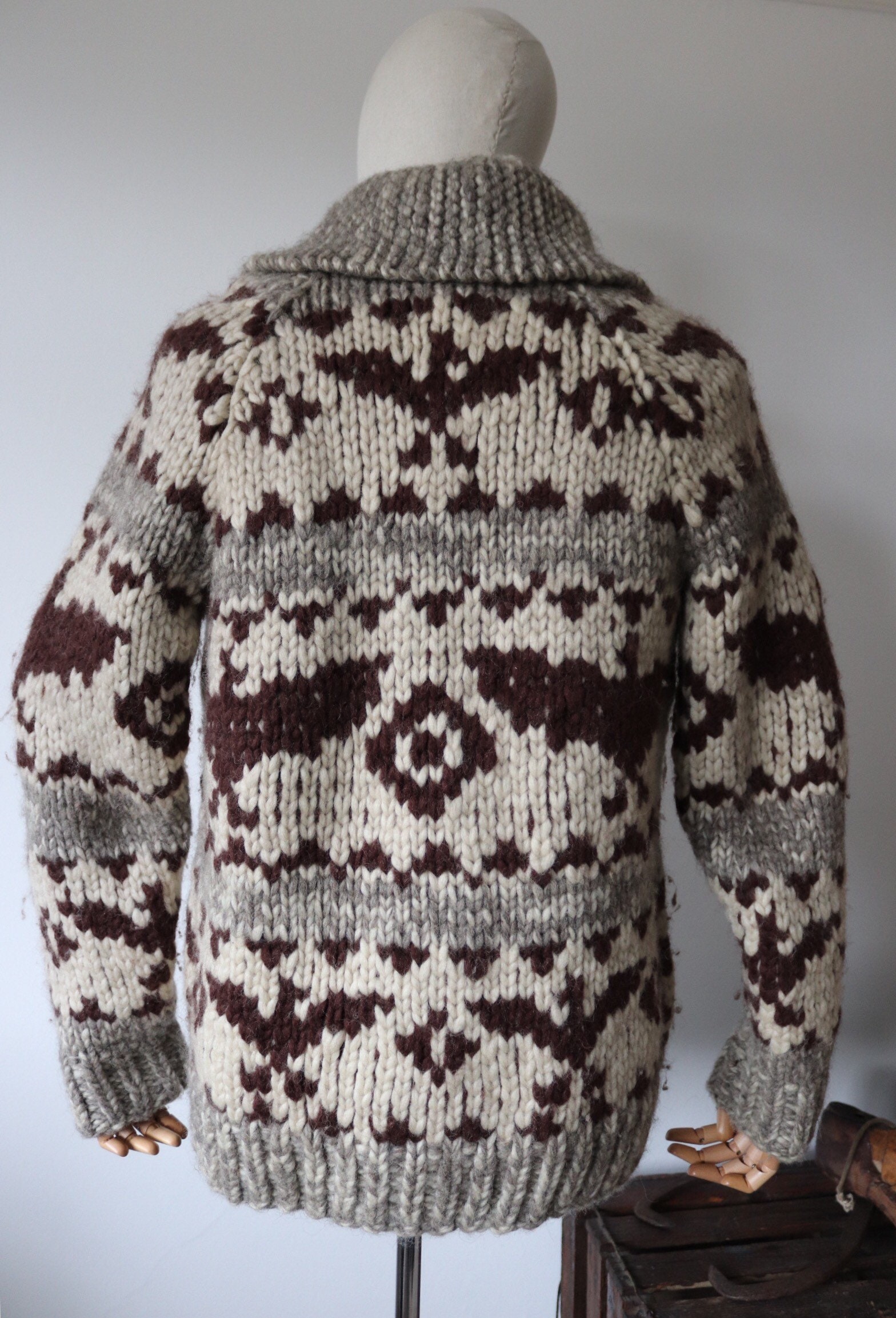 Vintage 1960s 60s chunky heavyweight hand knitted wool brown cream grey ...