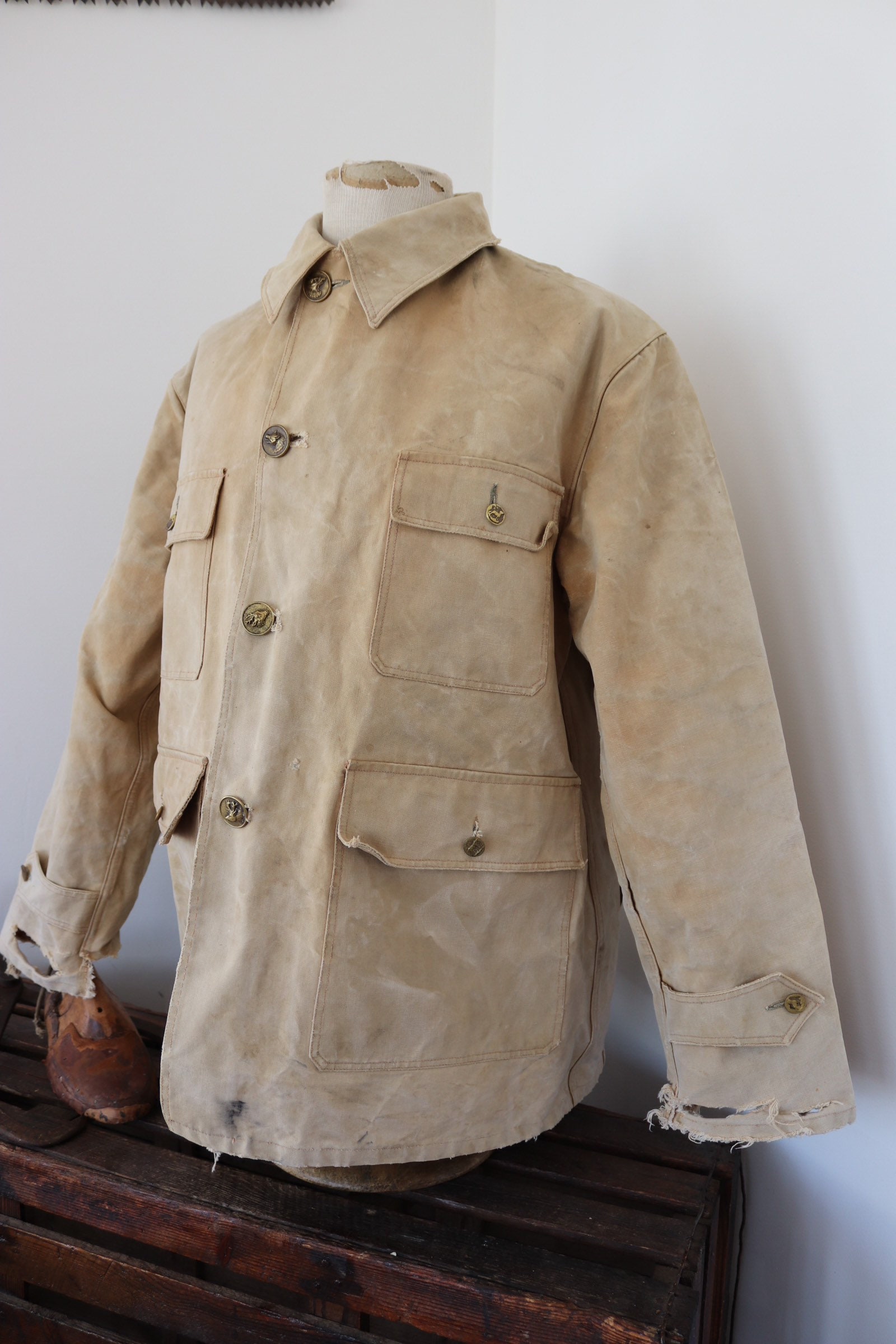 RESERVED Vintage 1950s 50s Akila french tan brown cotton canvas hunting ...