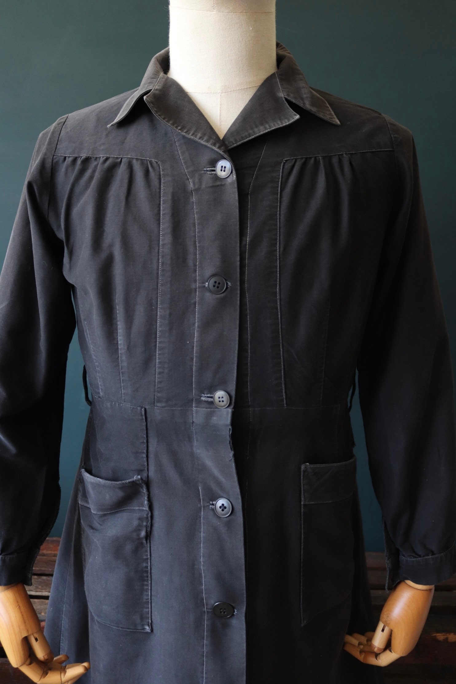 Vintage 1940s 40s French black moleskin cotton work dress workwear