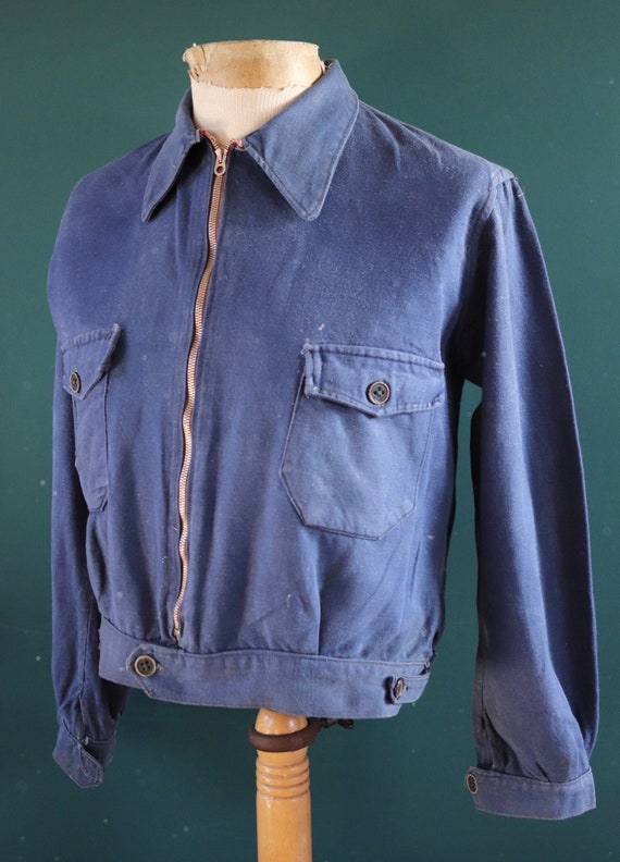 Vintage 1940s 40s 1950s 50s French blue work cyclist cropped jacket workwear chore faded 42” chest bleu de travail cotton twill