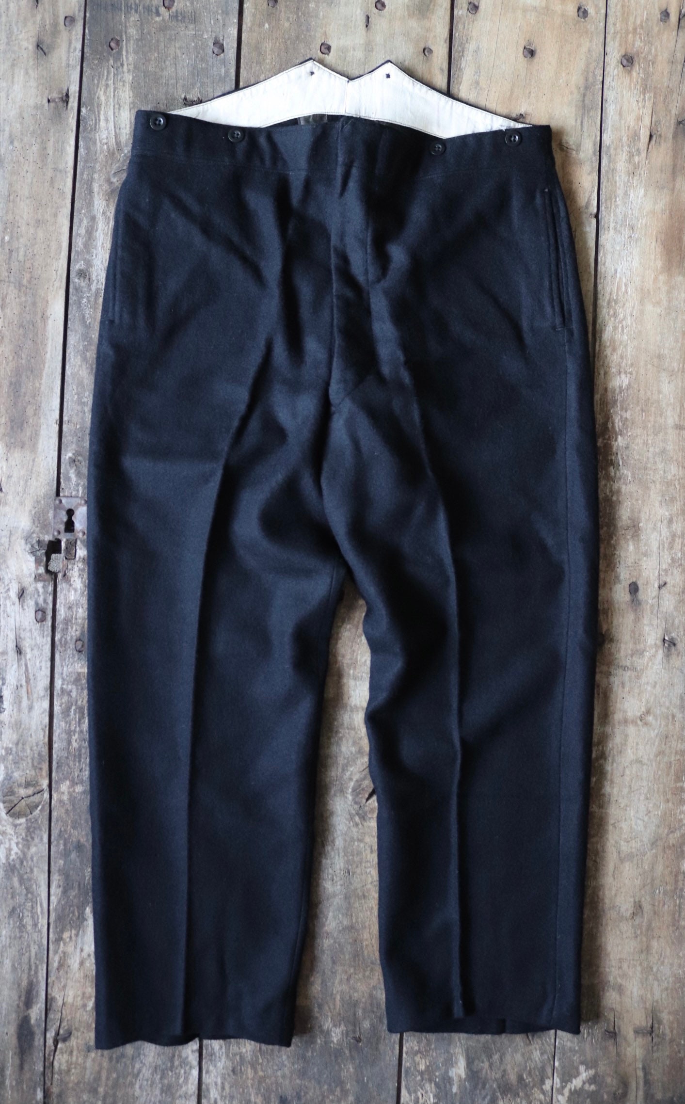 Vintage 1950s 50s British Rail black wool guards trousers pants deadstock  unworn v notch workwear work chore railway railroad 38” x 30”