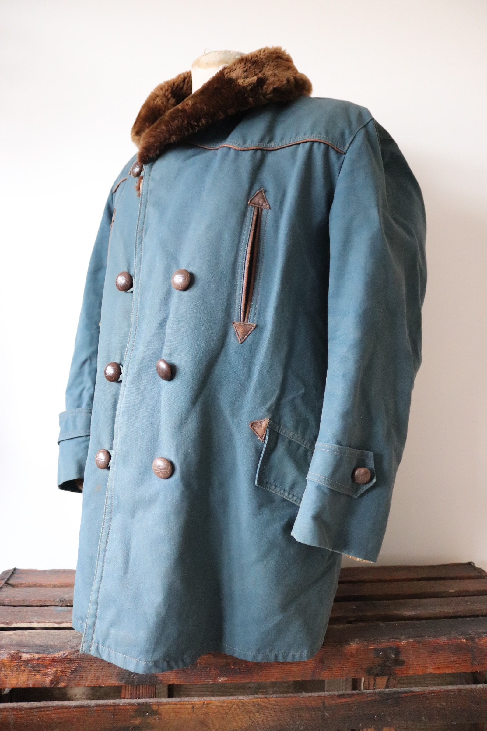 Vintage 1940s 40s french indigo blue bleu de travail Canadienne mouton