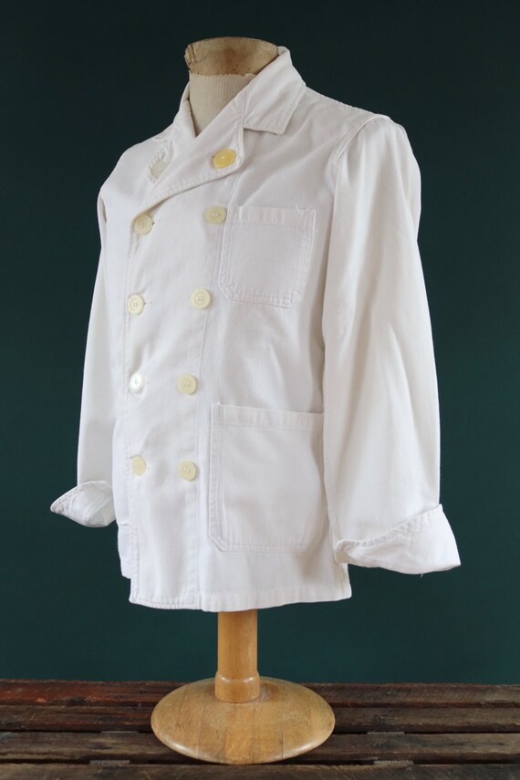 Vintage 1970s 70s French white cotton twill double breasted chefs jacket 38” chest work chore workwear