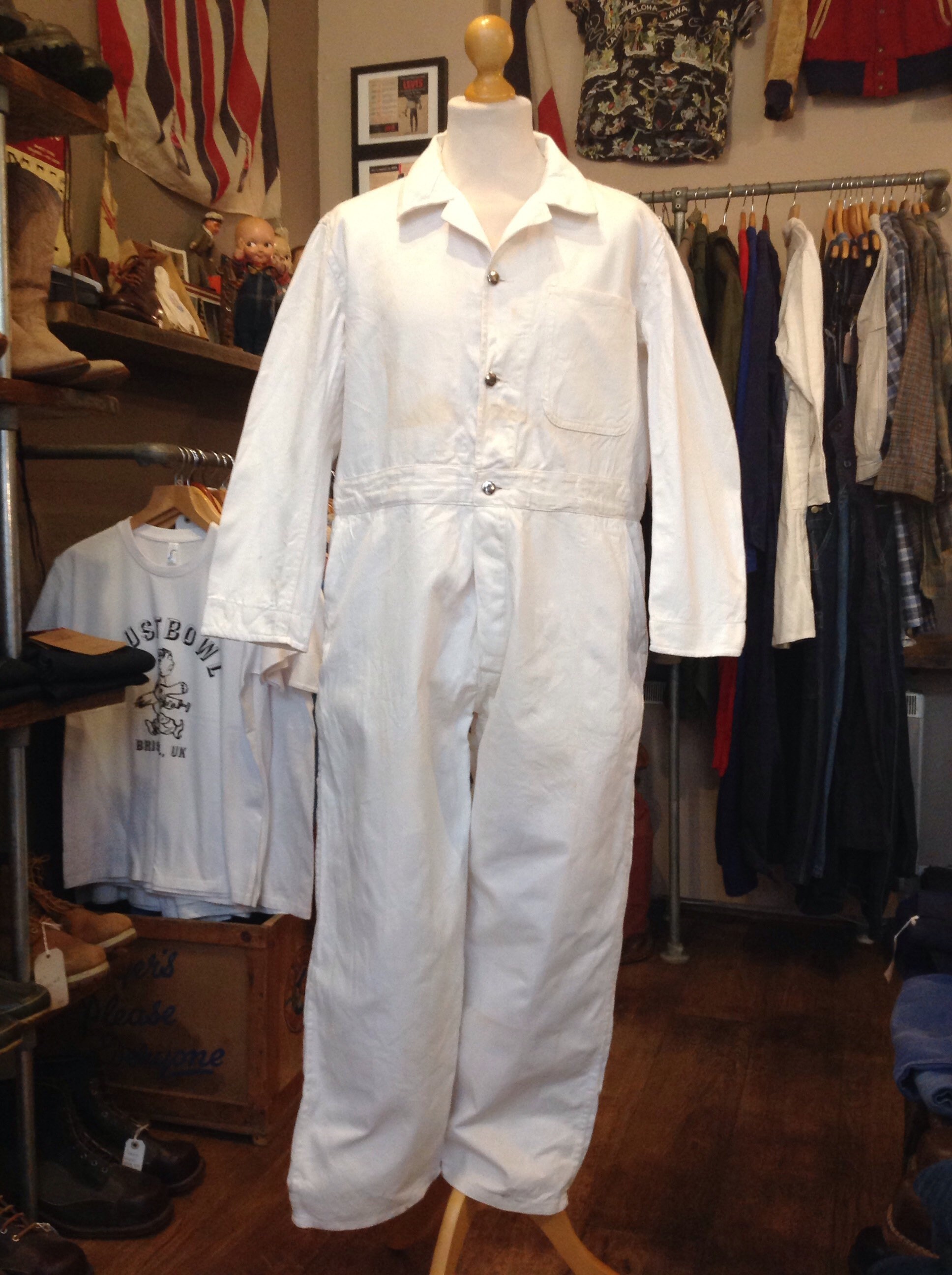 Vintage 1960s 60s deadstock British Pexwear white cotton overalls coveralls cinch back mechanics