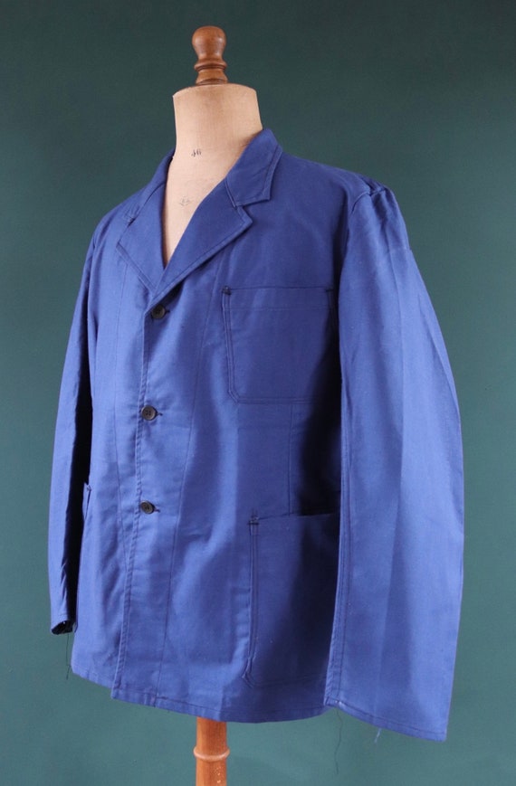 Vintage 1940s 40s WW2 era deadstock Swedish military hospital indigo blue cotton twill workwear work chore jacket 48” chest