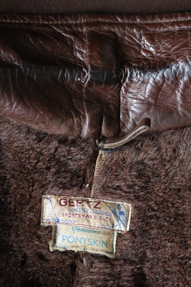 Vintage 1950s 50s Gertz brown horsehide pony hide leather car coat jacket Talon sports 42 chest half belt image 3
