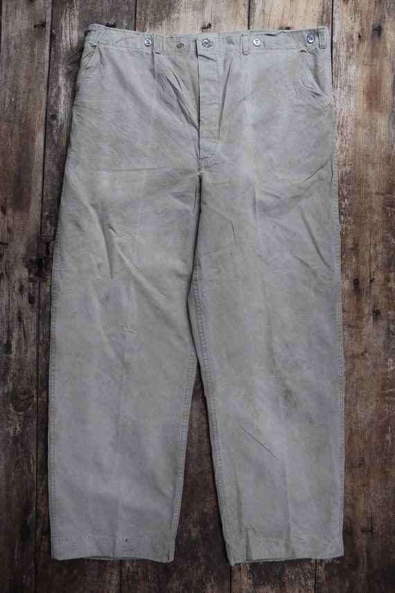 Vintage 1930s 30s 1940s 40s Swedish military cotton twill utility field trousers pants cinch buckle back workwear work chore 41” x 32”